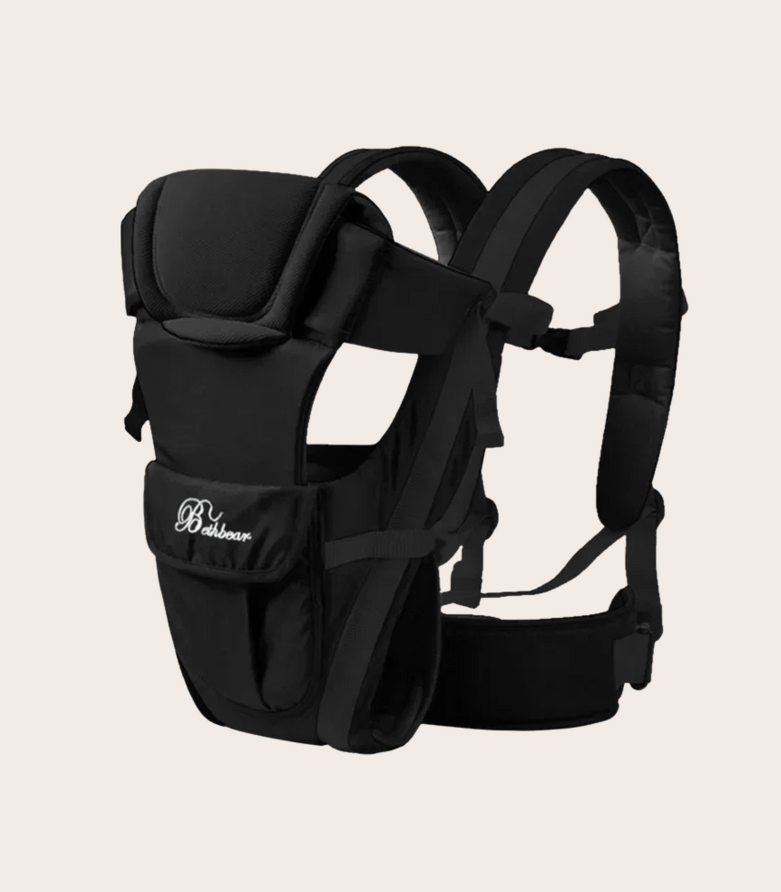 Black baby carrier with padded support, adjustable straps, and a front pocket, designed for comfortable, secure carrying.