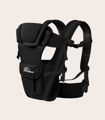 Black baby carrier with padded support, adjustable straps, and a front pocket, designed for comfortable, secure carrying.