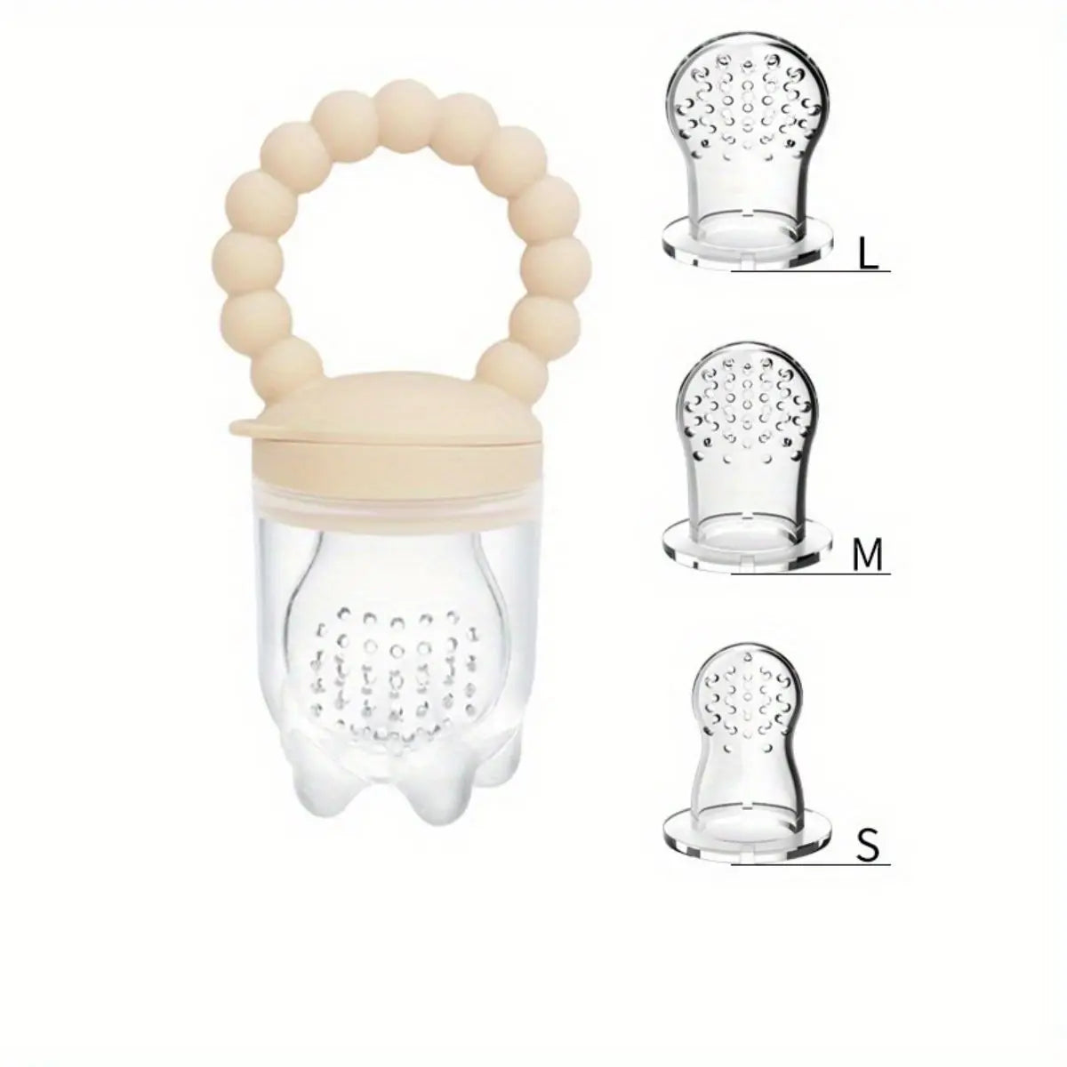 A pink, silicone-handled baby food feeder with three interchangeable silicone sizes (L, M, S) for easy feeding.