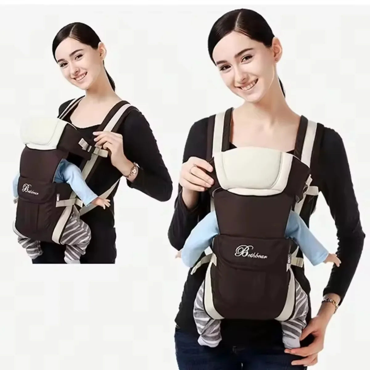 A woman demonstrates a black baby carrier with a doll inside, featuring adjustable straps and a cushioned panel for comfort.