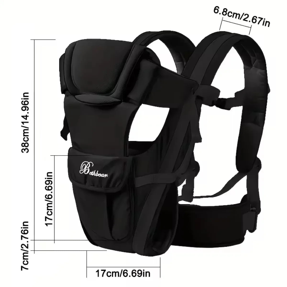 Black baby carrier with adjustable straps and multiple dimensions labeled in centimeters and inches for sizing reference.
